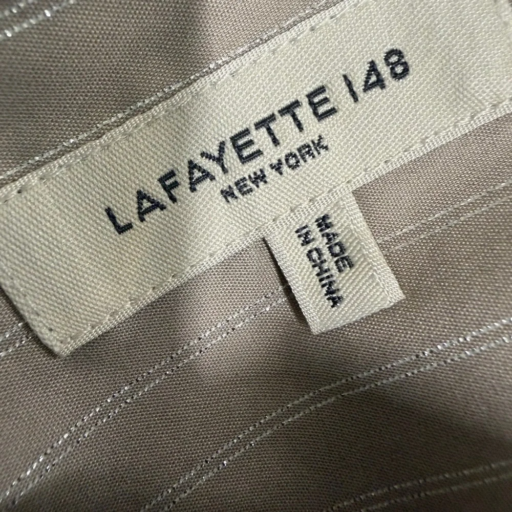 Lafayette 148 Button Down Top Womens L Taupe Pinstripe Minimalist Office Neutral - Picture 4 of 16